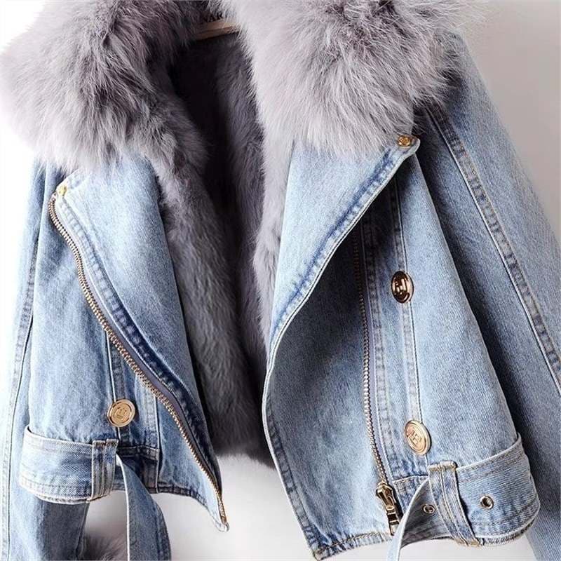 2025 Autumn/Winter New Detachable Faux Fox Fur and Rabbit Fur Lining Denim Jacket Women's Short Parka