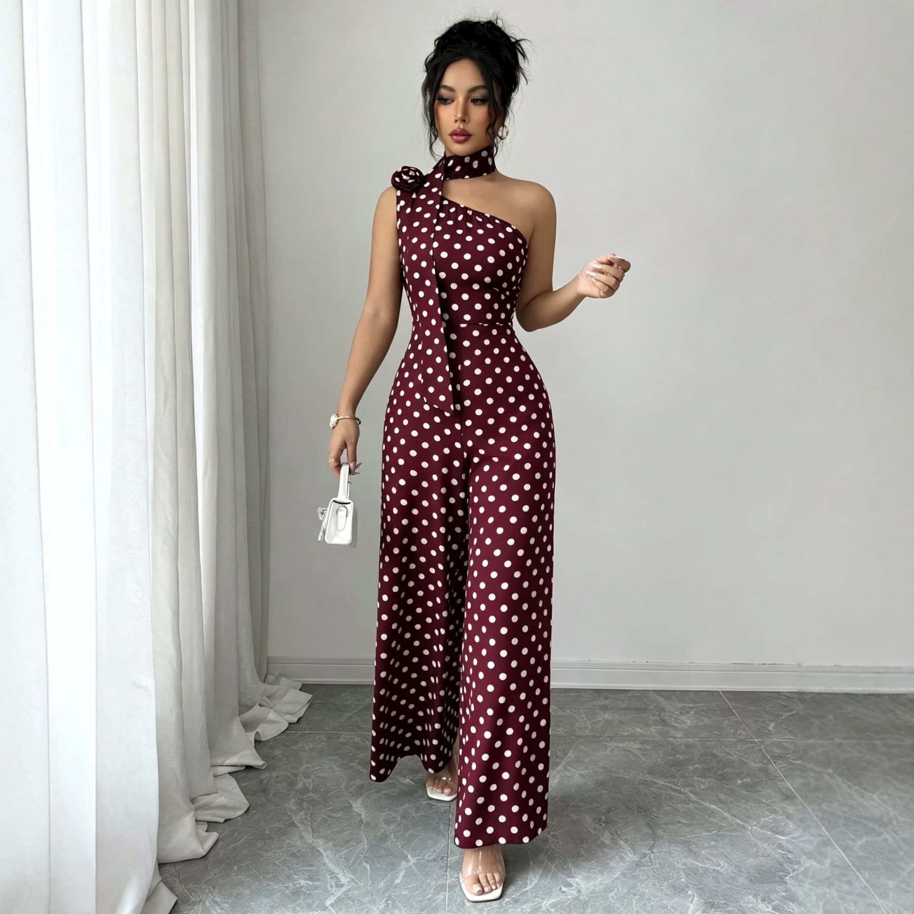 European and American Women's Fashion One-Shoulder Polka Dot Print Sleeveless Halter Neck Tie Front Waist-Slimming Wide-Leg Jumpsuit