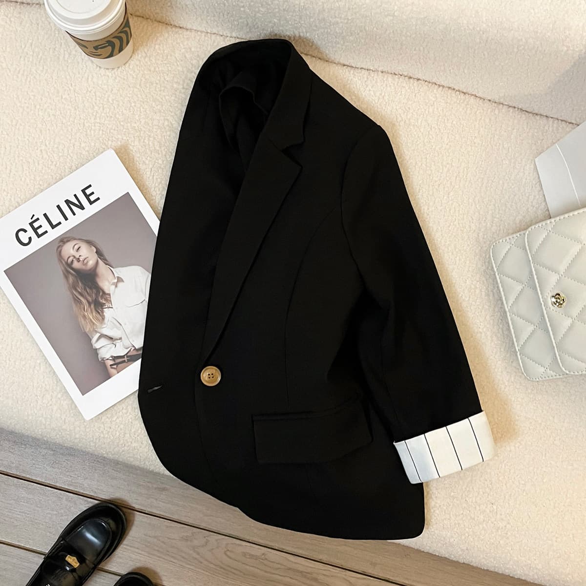 Black Thin Blazer for Women 2025 Summer New Design Casual Three-Quarter Sleeve Trendy Streetwear Jacket