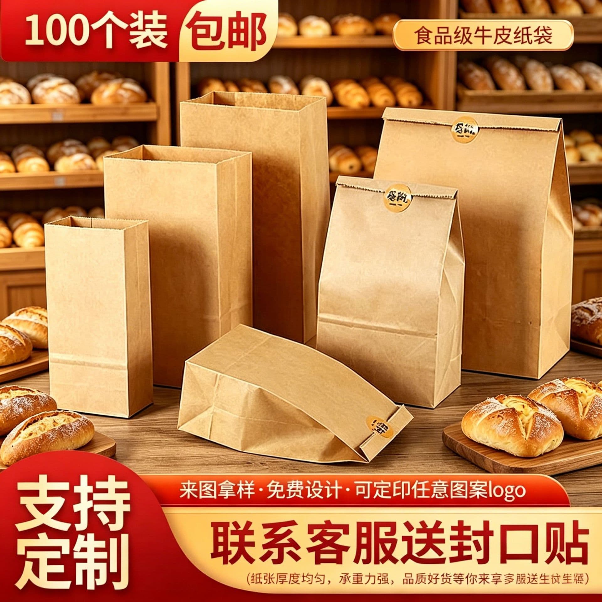 Disposable Food Takeout Packaging Bags, Grease-Proof Bread Toast Storage Paper Bags, Square Bottom Kraft Paper Bags, Custom
