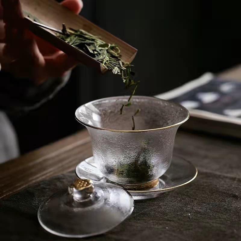 Japanese Handmade Hemp Surface Heat-Resistant Glass Plum Blossom Three-Talent Lidded Bowl, Kung Fu Tea Set Brewing Tool, Tea Ceremony Accessories Fairness Cup