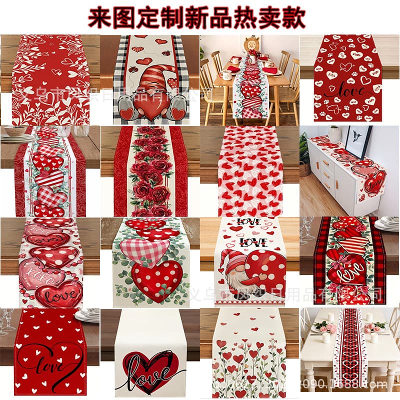 New Christmas Table Runner for Temu Amazon Cross-Border, Factory Direct Printed Table Runner 1 Piece Linen Valentine's Day
