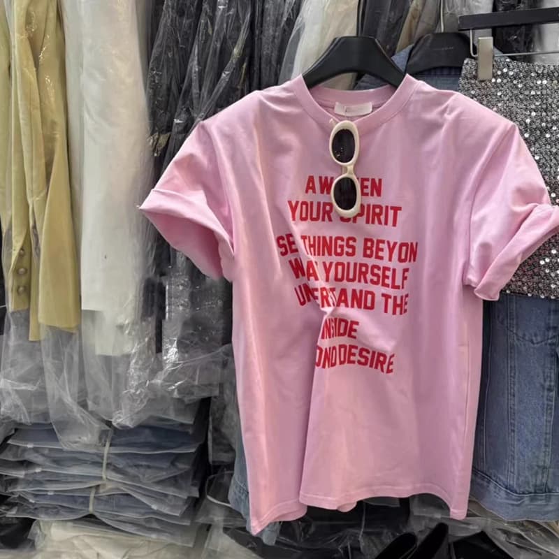 2026 Summer New Women's Korean Loose Casual Letter Print Short Sleeve T-Shirt Versatile Round Neck Pullover Top