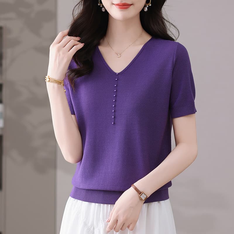 Summer young mothers Lyocell knitted short-sleeved T-shirt for women 2025 new fashion V-neck thin comfortable top