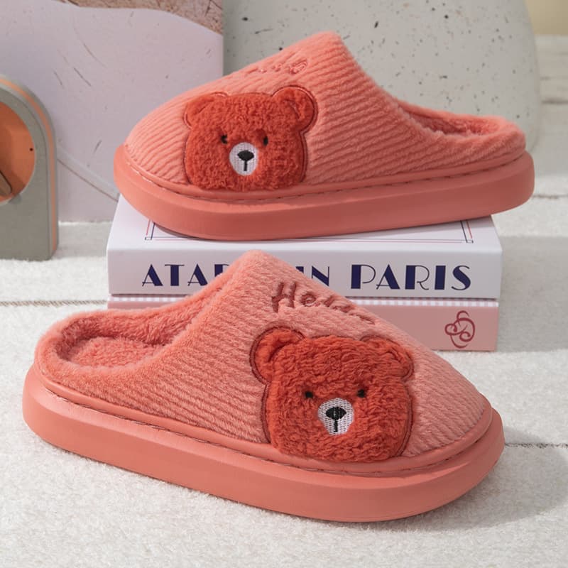 New style cotton slippers with cartoon bear design, perfect for home, couples, thickened and fleece-lined, suitable for home use and entertaining guests, cross-border style fluffy slippers for men.