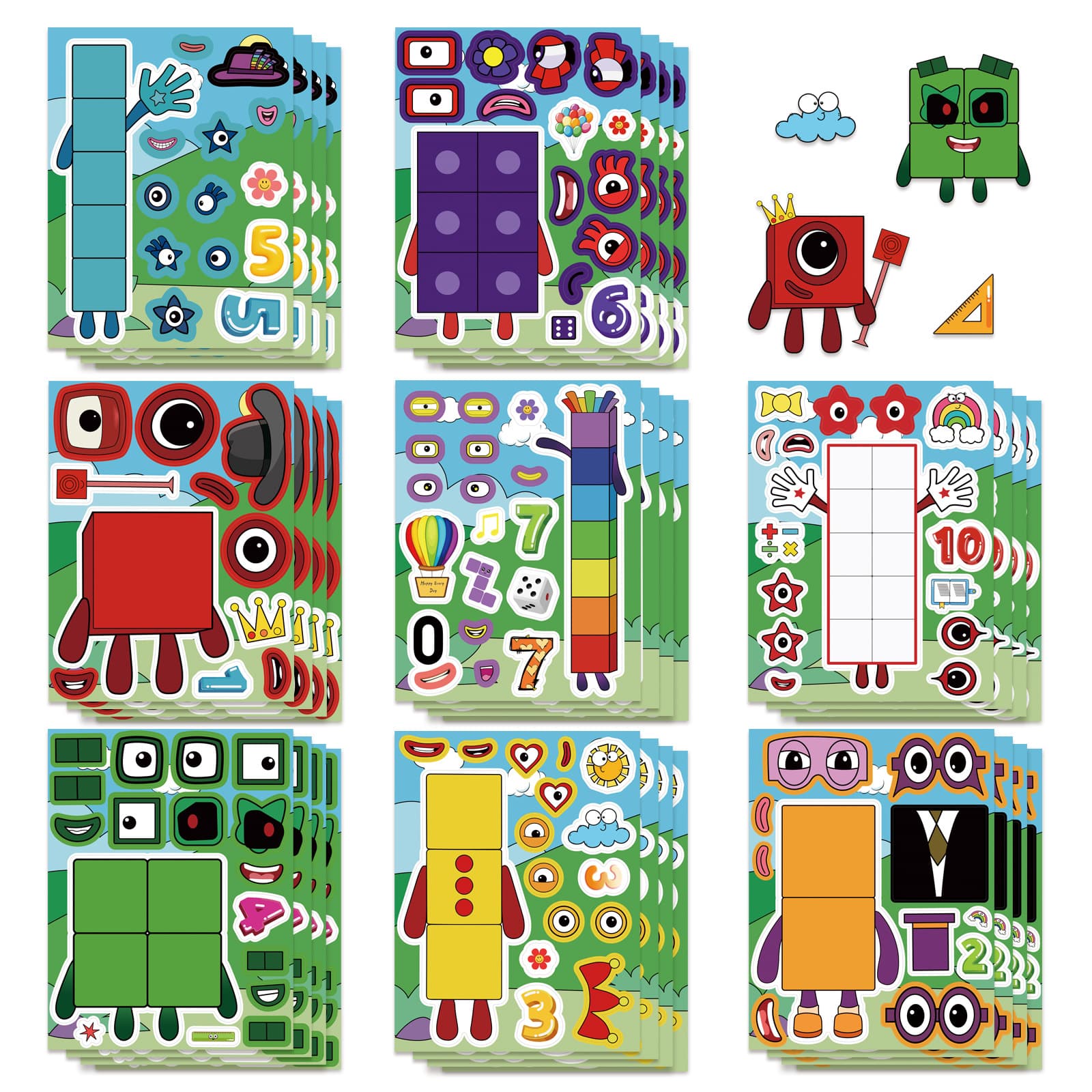 8-Piece Number Blocks Cute Puzzle Stickers for Kids Cartoon Block Squares Interactive Educational DIY Face Sticker Decoration