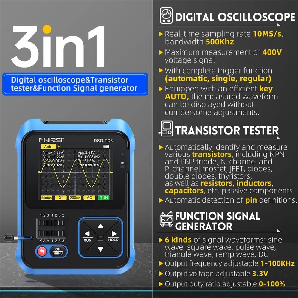 Cross-border Best Seller FNIRSI Handheld Oscilloscope Transistor Tester Signal Generator 3-in-1 DSO-TC3