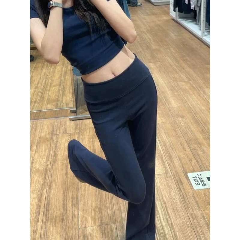 Black Sport Flared Pants for Women, Summer Thin Style, High-Waist Slimming Yoga Pants, American Casual Draping Fitted Flared Pants