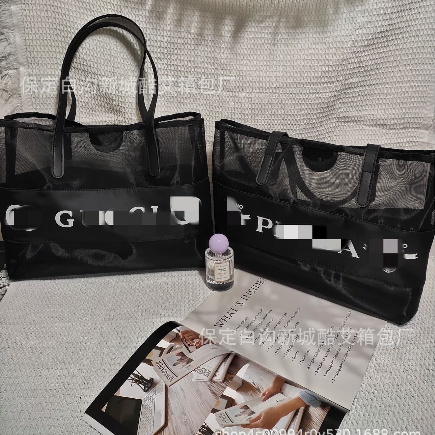 Factory supply big brand fashion transparent shoulder mesh bag daily portable mother-in-law beach bag large capacity shopping bag