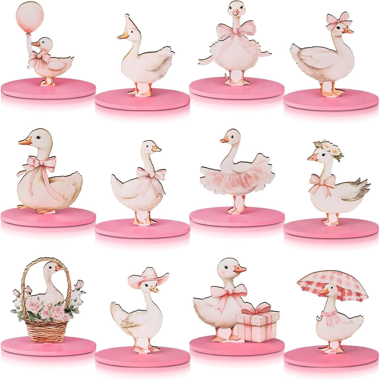 12 Wooden Table Signs Pink Bow Goose Center Hollow Cute Desktop Decor Birthday Baby Shower Set