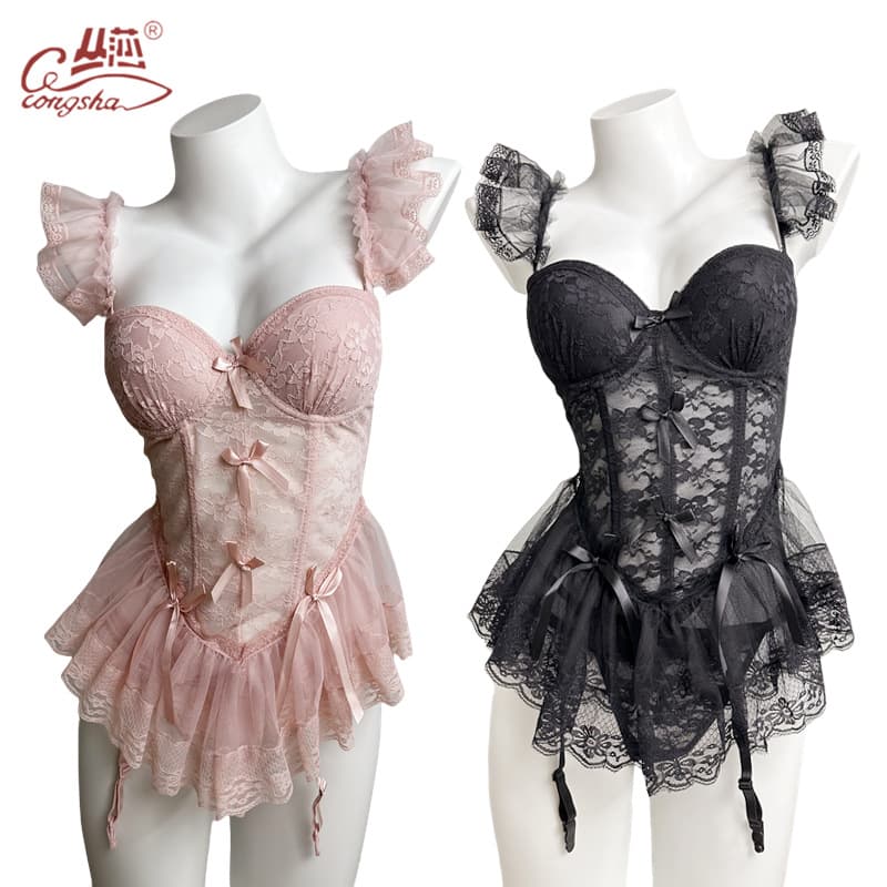 French Style Sexy Slimming Lingerie Vest Outer Wear Pure Desire Waist Lace Mesh Fishbone Bra Suit