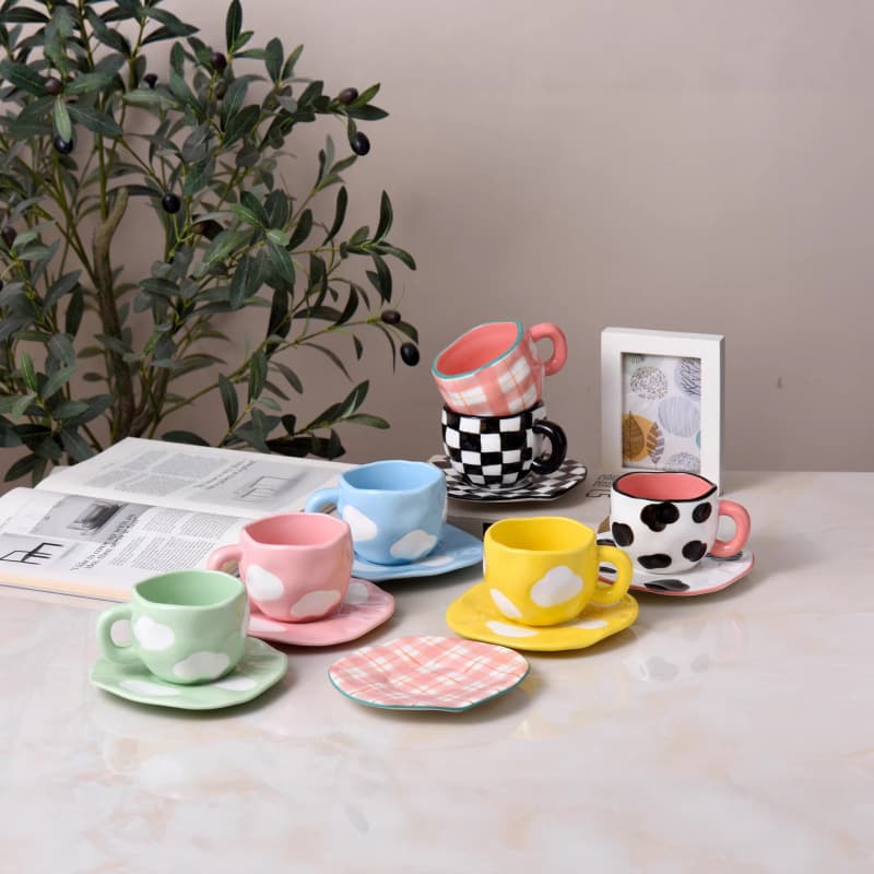 Exquisite Afternoon Tea for Ladies - Vintage Hand-Painted Pink Striped Ceramic Mug and Saucer Set