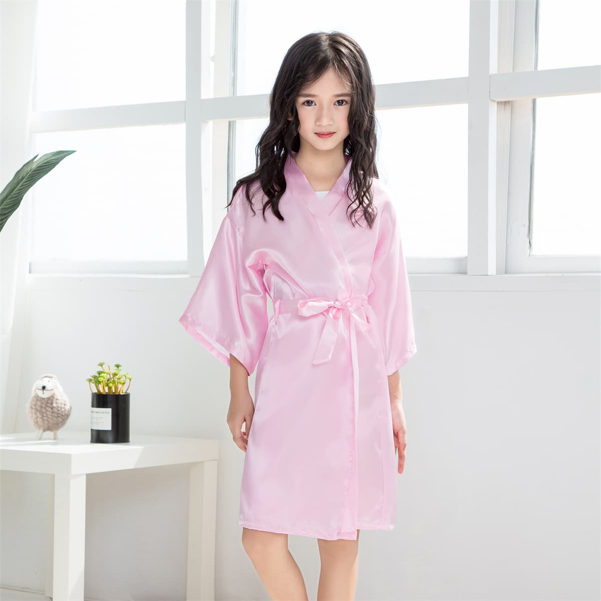 Cross-border Classic Solid Color Children's Party Foreign Trade Summer Plain Thin Imitation Silk Satin Thin Cardigan Robe