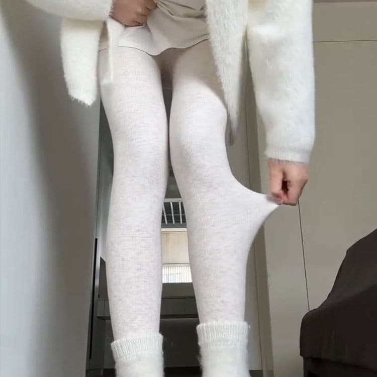 Women's Oatmeal White Cotton Striped Leggings for Autumn and Winter, Fleece-lined, Thick, Warm, Japanese Style Footed Tights