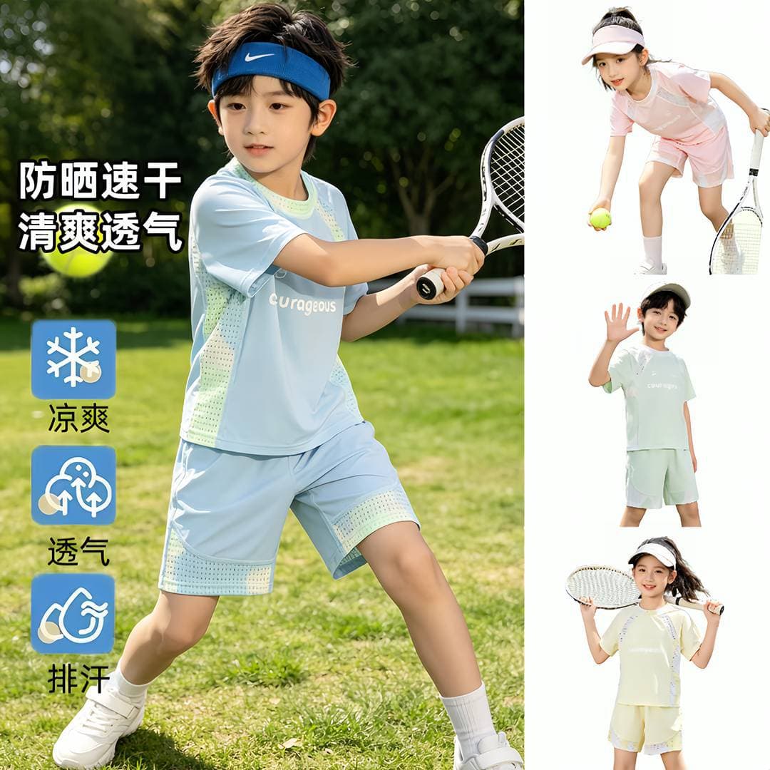 Children's sports suit summer new style boys' quick-drying breathable girls' short-sleeved shorts medium and large children's clothing wholesale
