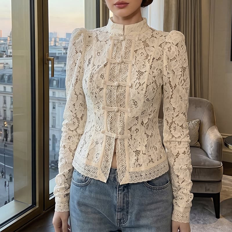 2025 Summer New Style European and American Hot-Selling Fashionable and Elegant Commuter Lace Crochet Stand-Up Collar Slim-Fit Design Shirt for Women