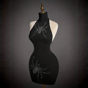 Spider Rhinestone Halter Neck Dress, Black Bodycon Short Dress, Gothic Party Style