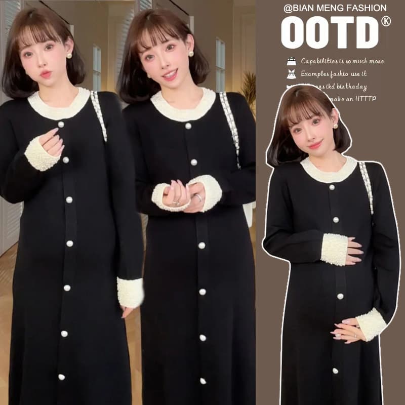 2025 Maternity Autumn/Winter New Heavy Pearl Elegant Socialite French Hepburn Style Black Slim Knit Dress