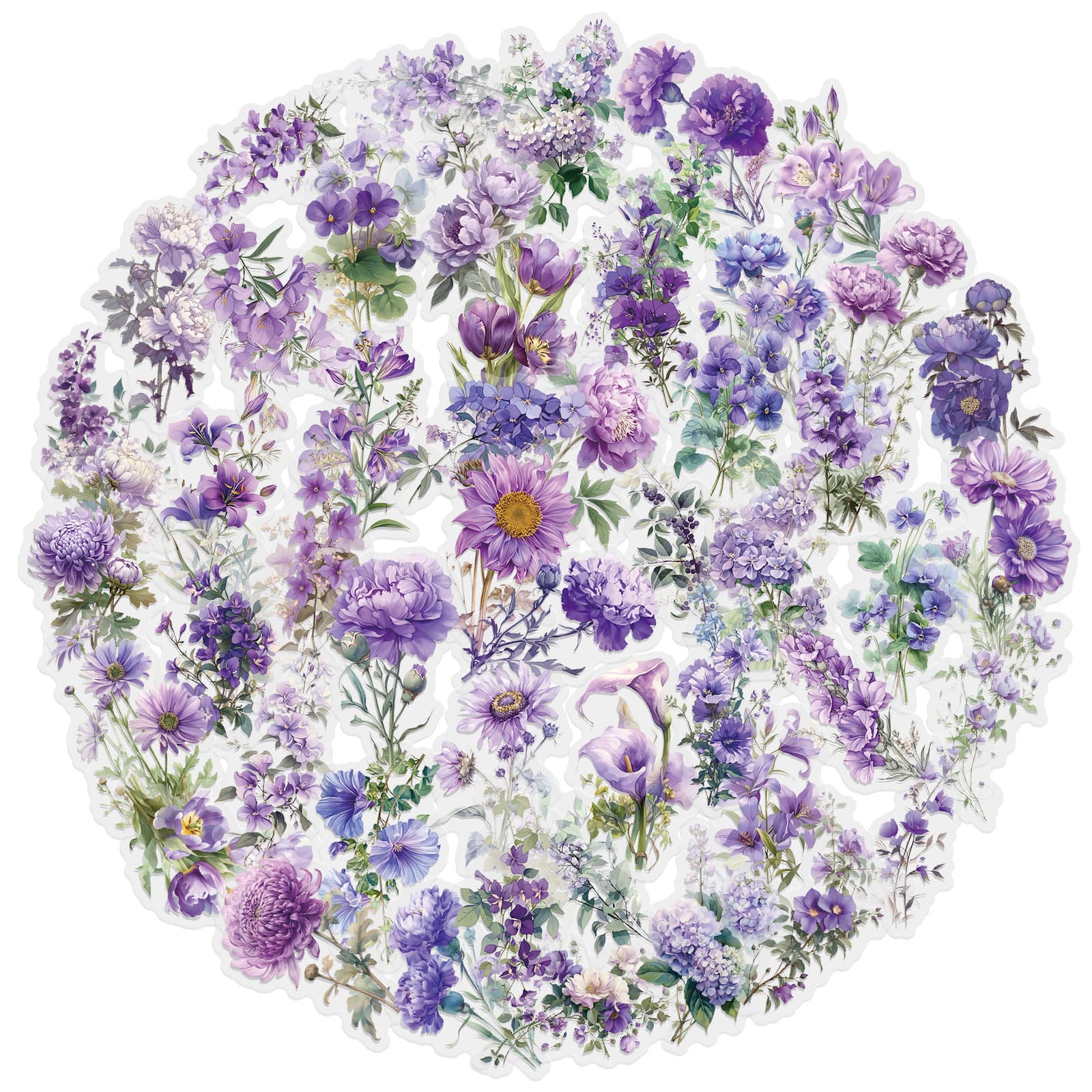 Cross-border direct purchase of 50 purple flower PET waterproof transparent stickers DIY glass bottle wishing bottle mobile phone case creativity