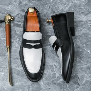 Cross-border Large Size 2023 Spring/Summer Black and White Two-Tone Leather Loafers for Men, British Business Casual Shoes