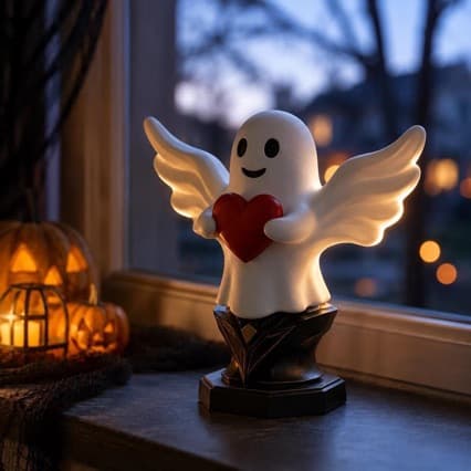 Smiling Ghost Holding Heart Resin Statue