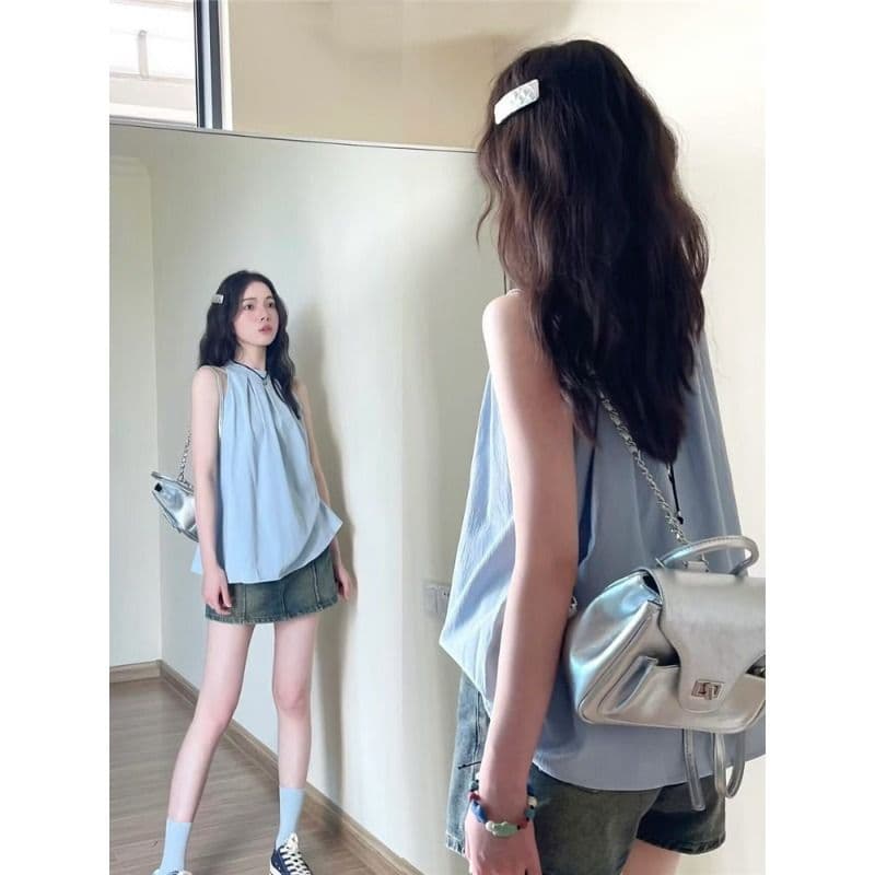 French sweet vest women's summer outer wear niche blue shirt temperament halter neck suspender loose sleeveless top