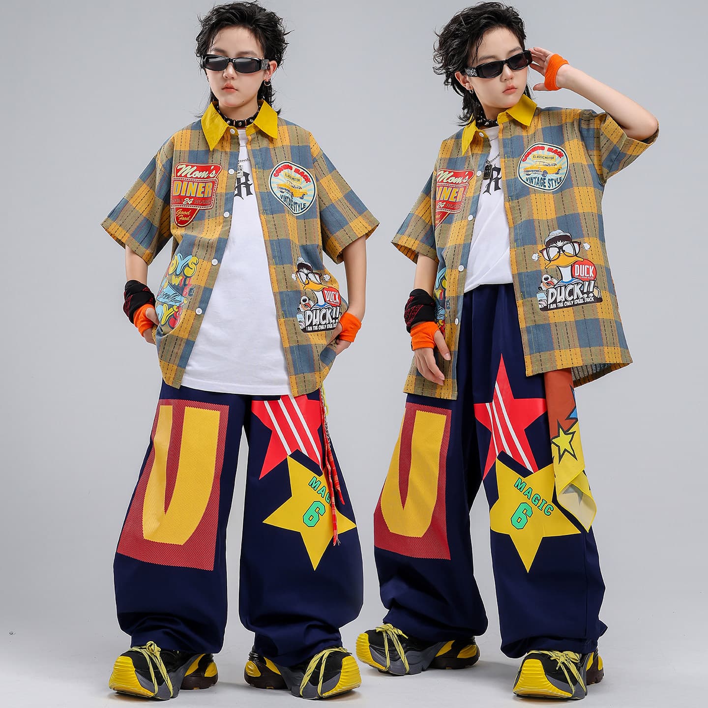Children's hip-hop trendy clothing boys hip-hop street plaid shirt performance clothing suit summer hiphop performance clothing for men