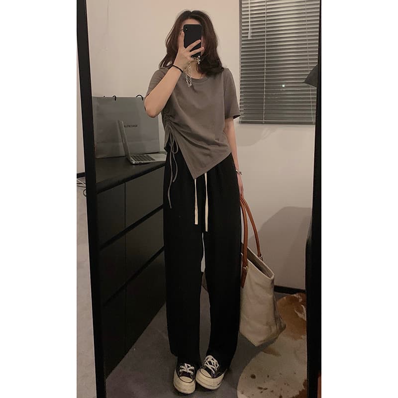 Short t-shirt women's summer short-sleeved 2025 new drawstring design niche irregular high-waisted student tops