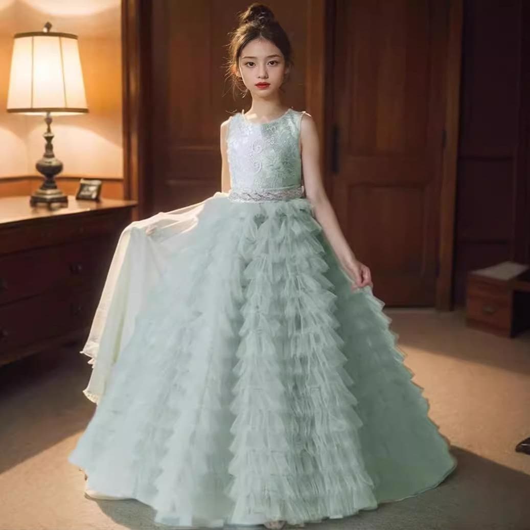 Green Children's Formal Dress Piano Performance Gown Hosting Outfit Girl's Birthday Dress Princess Dress Cake Skirt