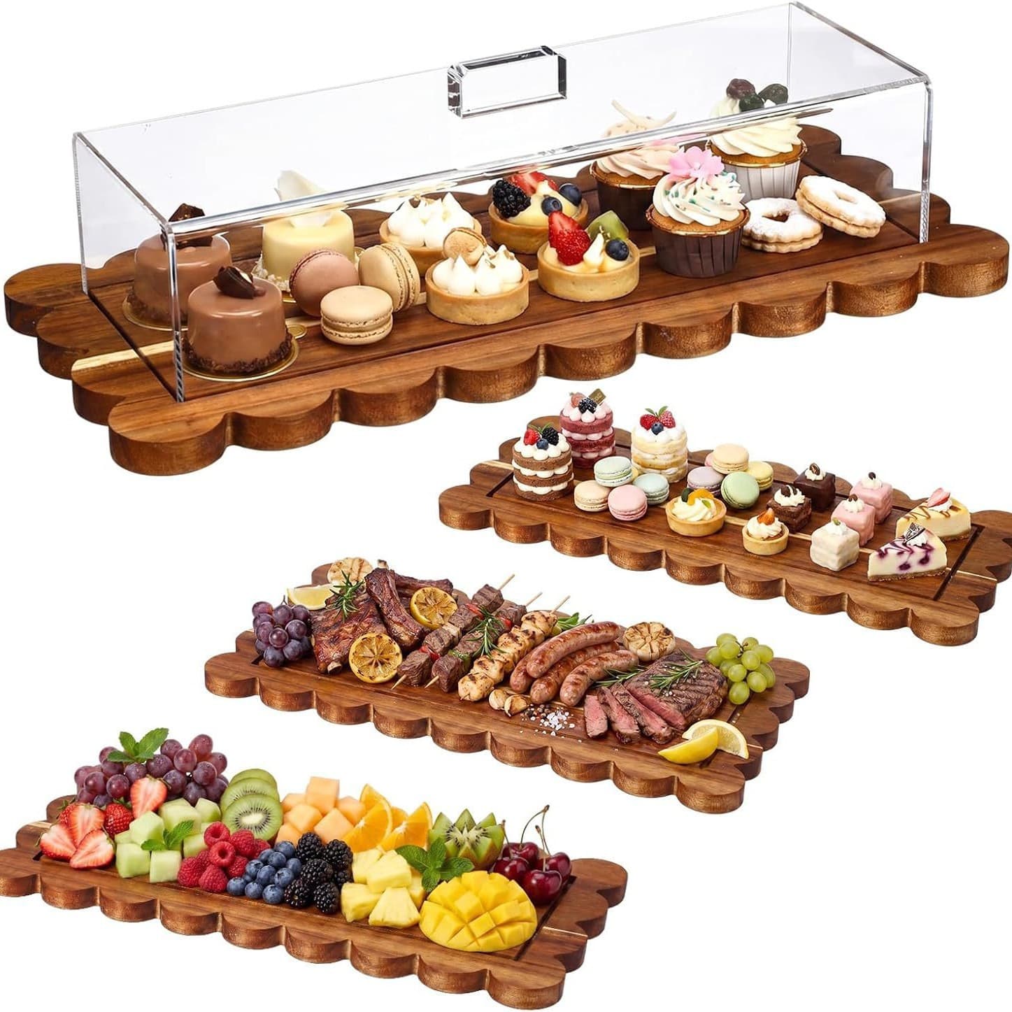 Wooden Cake Tray with Wavy Shape and Preservation Cover, Bread, Fruit, Dessert Serving Plate, Kitchen Steak and Deli Tray