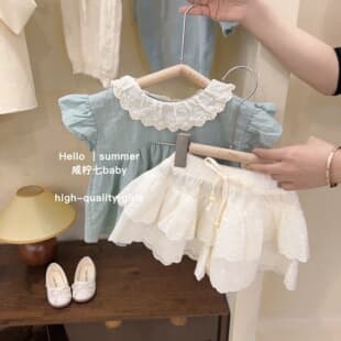 Korean Children's Clothing 2026 Summer Girls Fresh and Cute Top Little Girl Lace Turn-Down Collar Short Flutter Sleeve Shirt