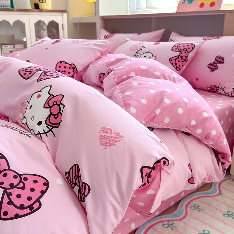 Cartoon Sanrio Cinnamoroll Kuromi Pure Cotton 4-Piece Bedding Set Student Dormitory Fitted Sheet Duvet Cover Pillowcases