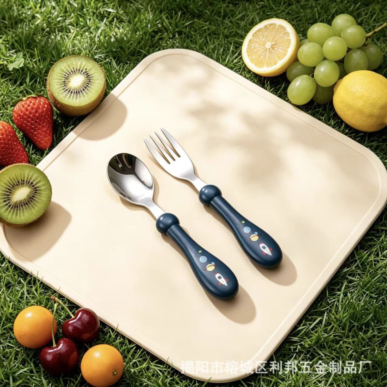 304 stainless steel children's fork and spoon set, food-grade silicone handle, anti-scalding and anti-cartoon baby food spoon, fork and tableware
