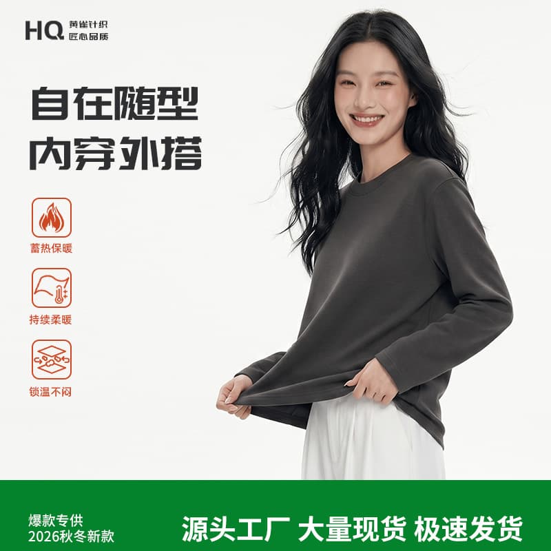 Autumn-Winter Warm Fleece-Lined T-Shirt for Women, Solid Color Round Neck Long Sleeve 280g Heavyweight Loose Basic Neutral Layering Top