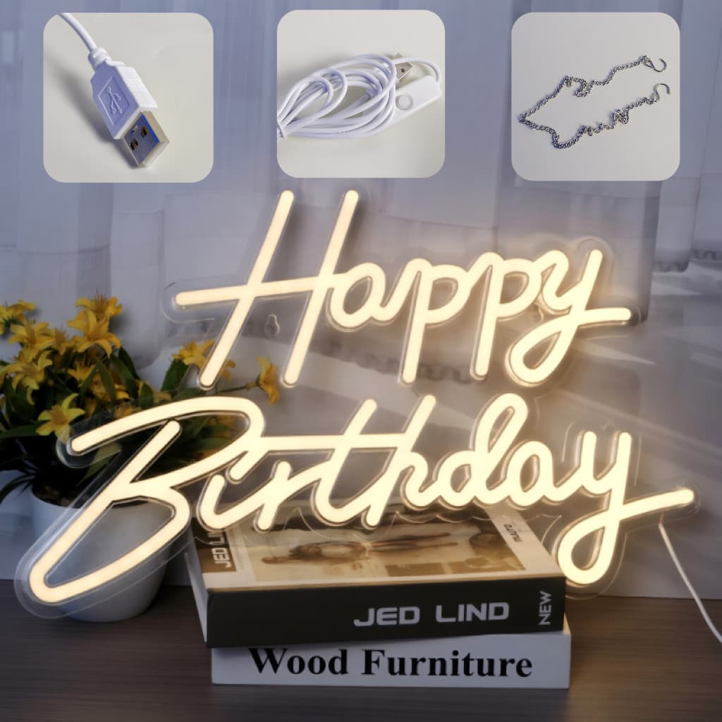 English Happy Birthday Neon LED Light, Happy Birthday Light-Up Letters, Party Decoration Ambient Light