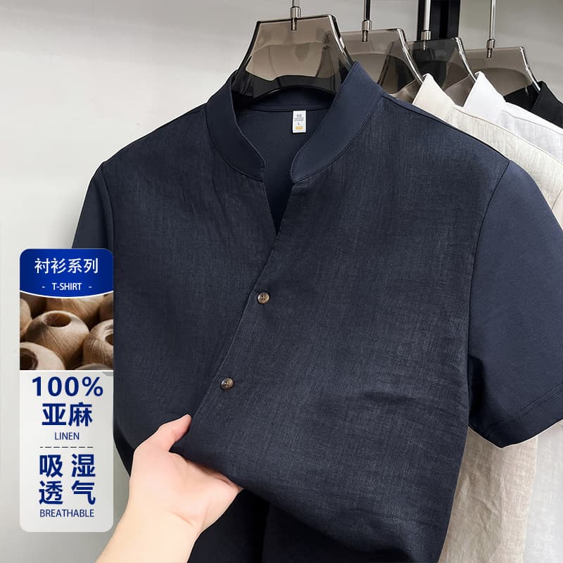 Henry collar 100% linen short-sleeved shirt men's cotton and linen shirt short-sleeved men's t-shirt top polo shirt Chinese style