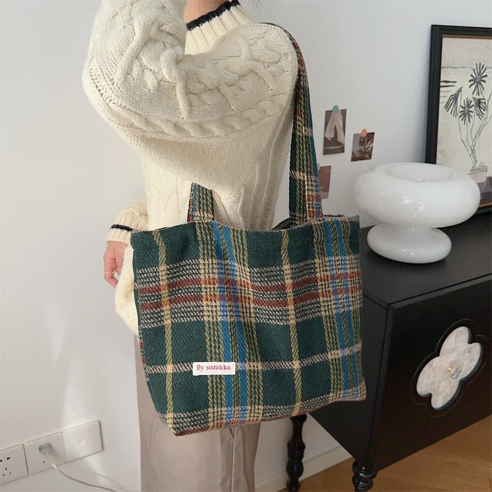 311021 Textured Wool Large Capacity Tote Bag for Women Commuter 2023 New Plaid Handbag Shoulder Bag