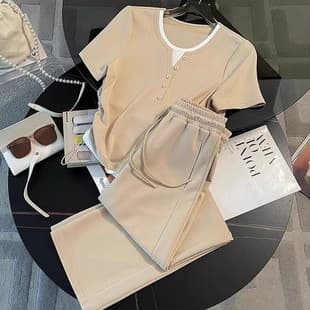 Original Craftsmanship Casual Sportswear Set Women Summer Trendy Age-Defying Waist-Slimming Short Sleeve Wide Leg Pants Two-Piece