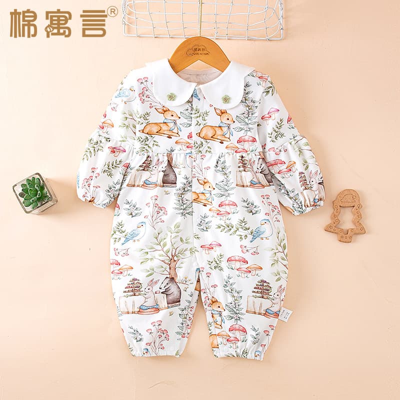 Spring/Autumn Baby Cotton Long-Sleeve Bodysuit, Cute Turn-Collar Romper for Girls, Air Conditioning Wear