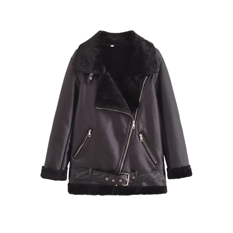 Motorcycle jacket women's new winter new cotton coat mid-length loose thickened warm fur all-in-one PU leather coat cotton jacket