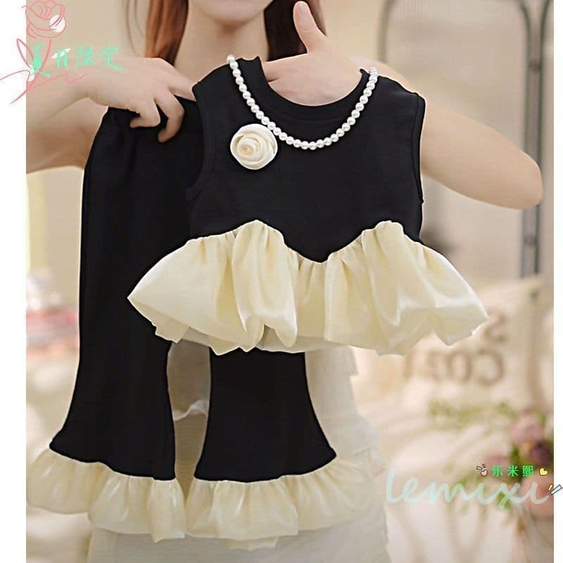 Girls Korean-style Elegant Set Summer New Children's Design Patchwork Vest and Flared Pants for Toddlers