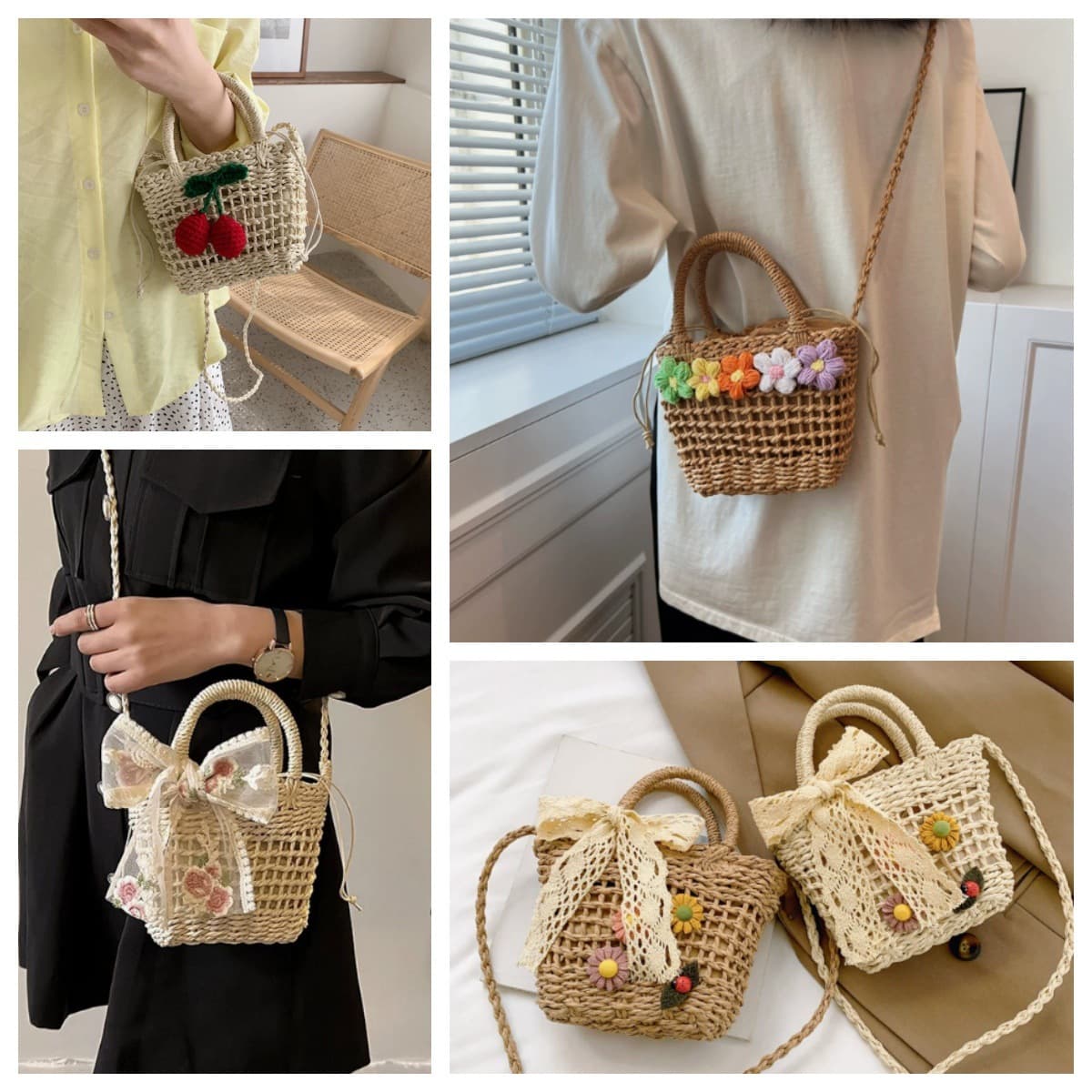 Summer straw women's bag, fashionable and versatile hollow handbag, cute cross-body bag for forest girls, casual and versatile