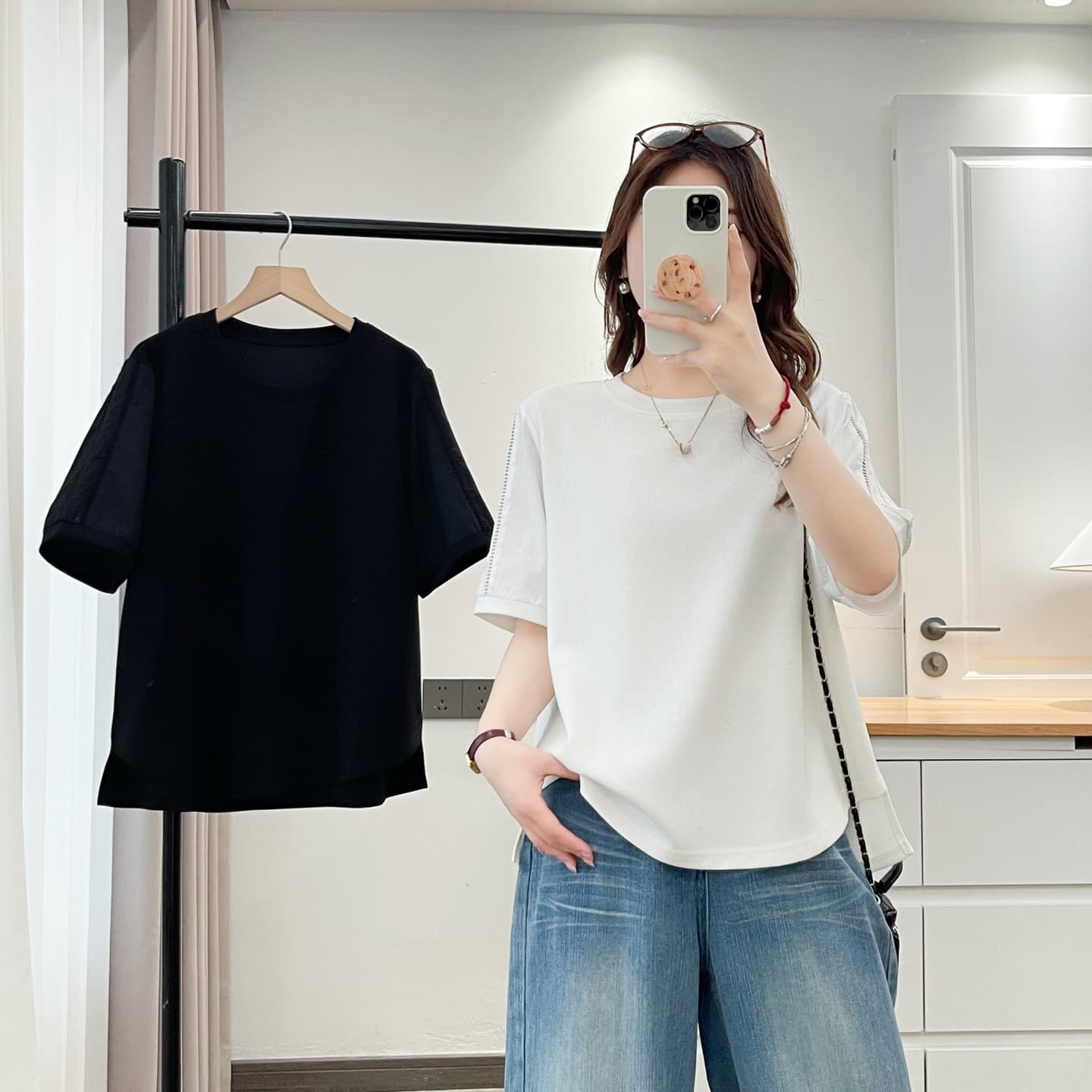 Cutout Short Sleeve T-Shirt Women Plus Size Square Shoulder 2026 New Plus Size 200 lbs Slimming Belly Cover Short Sleeve Top 8815