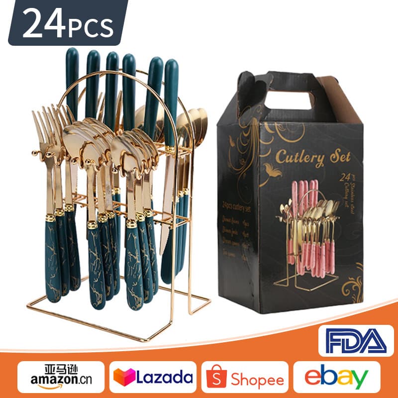 Spoon Stainless Steel 24-Piece Cutlery Set, Imitation Marble Pattern Knife Fork Spoon Gift Box Set with Rack, Cross-Border