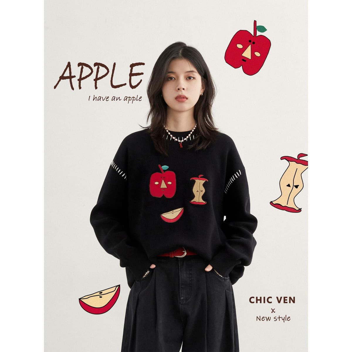 CHICVEN "Retroism" Winter Style Loose Pure Cotton Round Neck Apple Embroidery Sweater Warm Comfortable Top