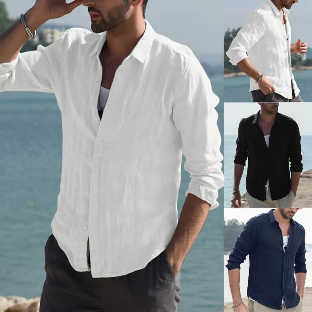 European and American foreign trade cotton solid color long-sleeved shirt men's youth casual cardigan shirt men's jacket free shipping