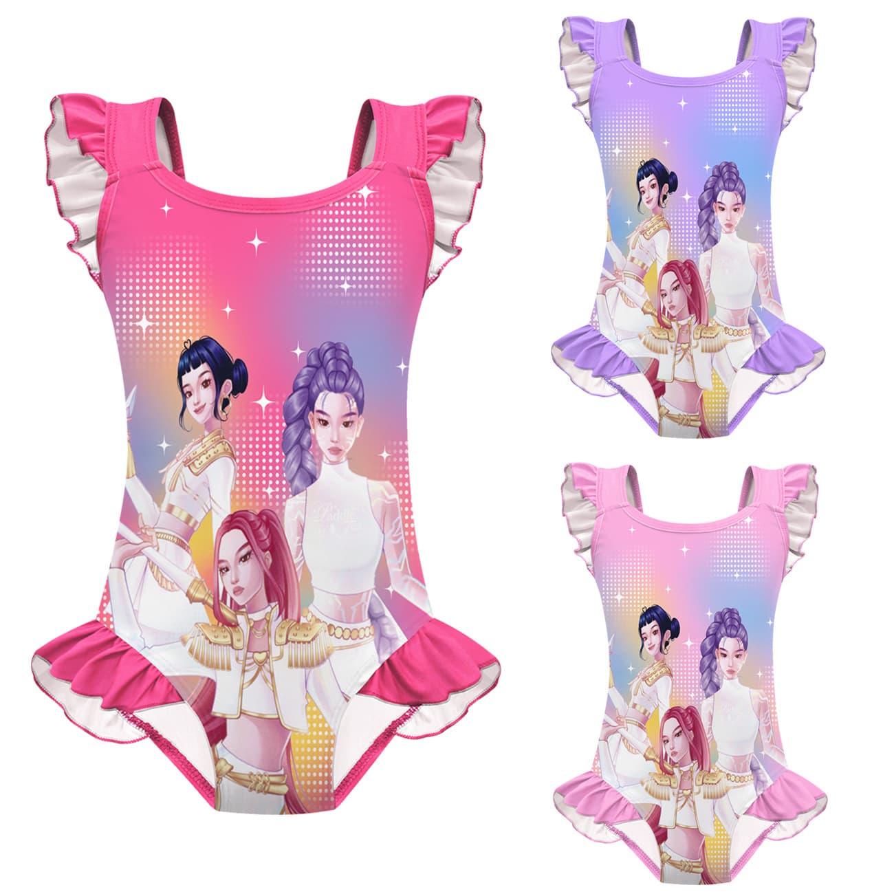 New children's swimsuit cosplay witcher group print girls one-piece lace swimsuit set 20717