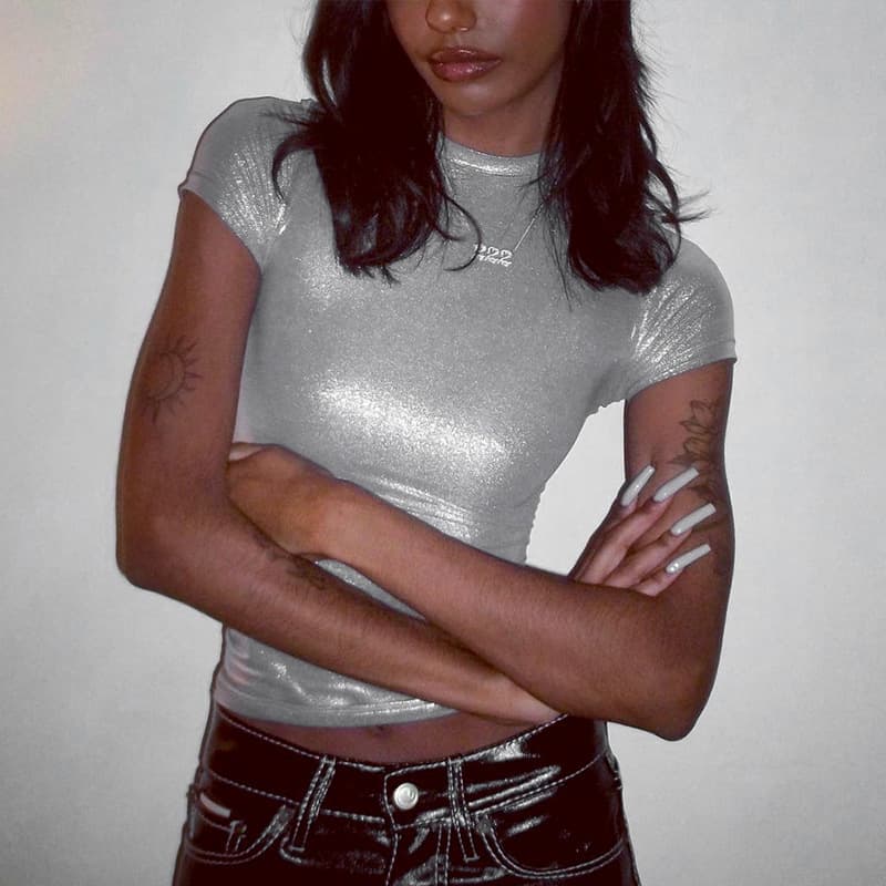 European and American Style Women's Clothing 2025 Spring New Fashion Metallic Round Neck Short Sleeve Tight T-Shirt Top