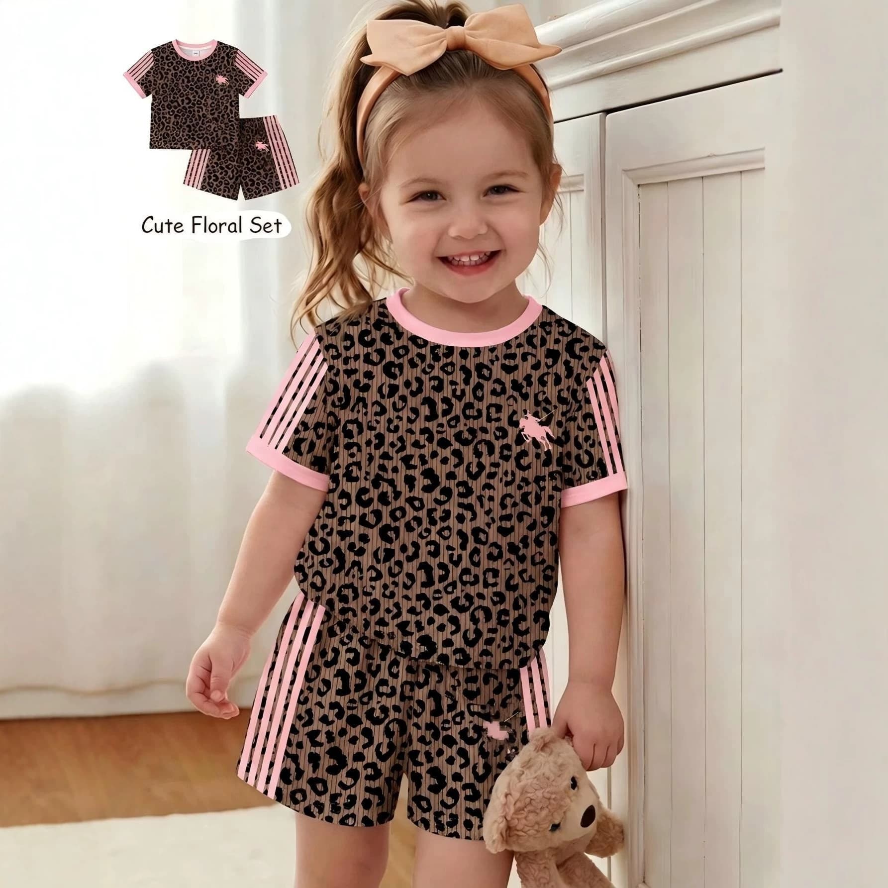 In Stock Cross-Border Hot Sale Leopard Print Striped Girls' Outfit Short Sleeve Shorts 2-Piece Set Print 2PCS