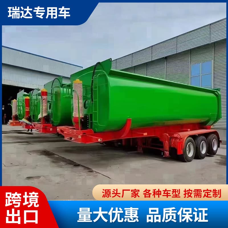 Export U-shaped tank rear-tipping dump trucks, 40-ton tank rear-tipping sand and gravel transport vehicles, and rear-tipping three-axle semi-trailers.